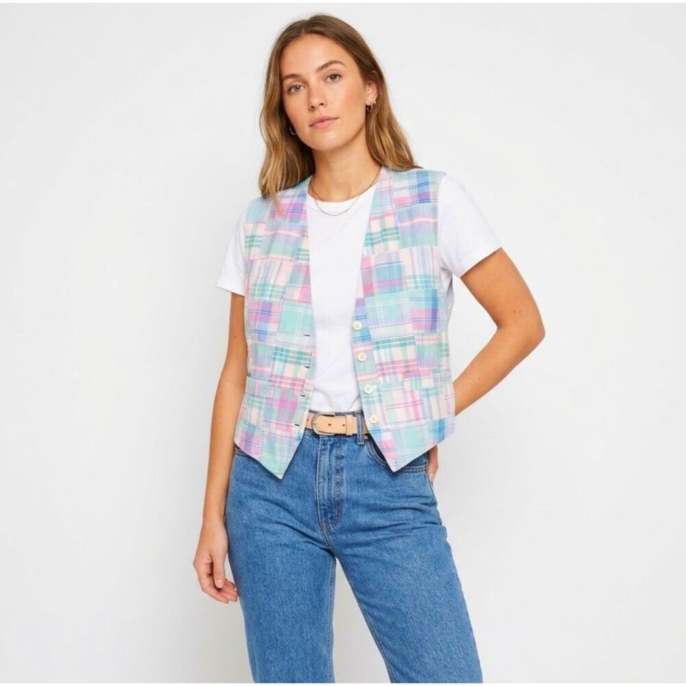 David Brooks Women's Pastel Madras Plaid Patchwork Vintage 70s-80s Vest Size 14 - Picture 2 of 15